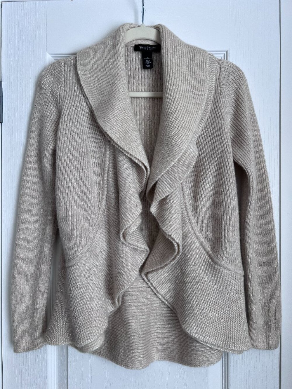White House Black Market Oatmeal Beige Metallic Ruffle Waterfall Cardigan M
